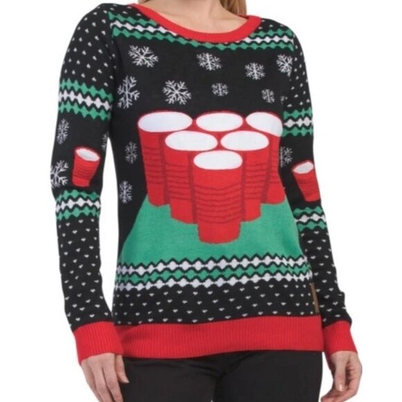 TIPSY ELVES Ladies Medium Beer Pong Drinking Game Sweater Hook Loop Balls NWT - Picture 1 of 6